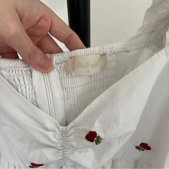 Altar'd State Cherry Embroidery White Mini Puff Sleeves Babydoll Dress - Picture 7 of 9